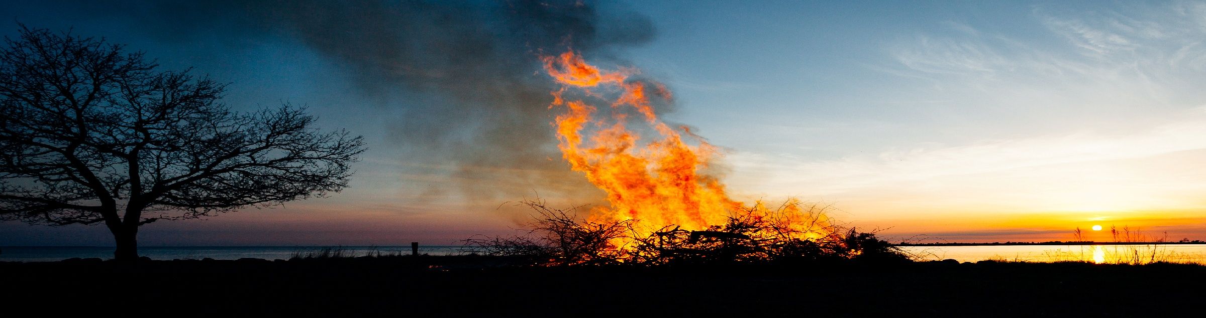 Ein großes Lagerfeuer brennt in der Nähe eines Sees