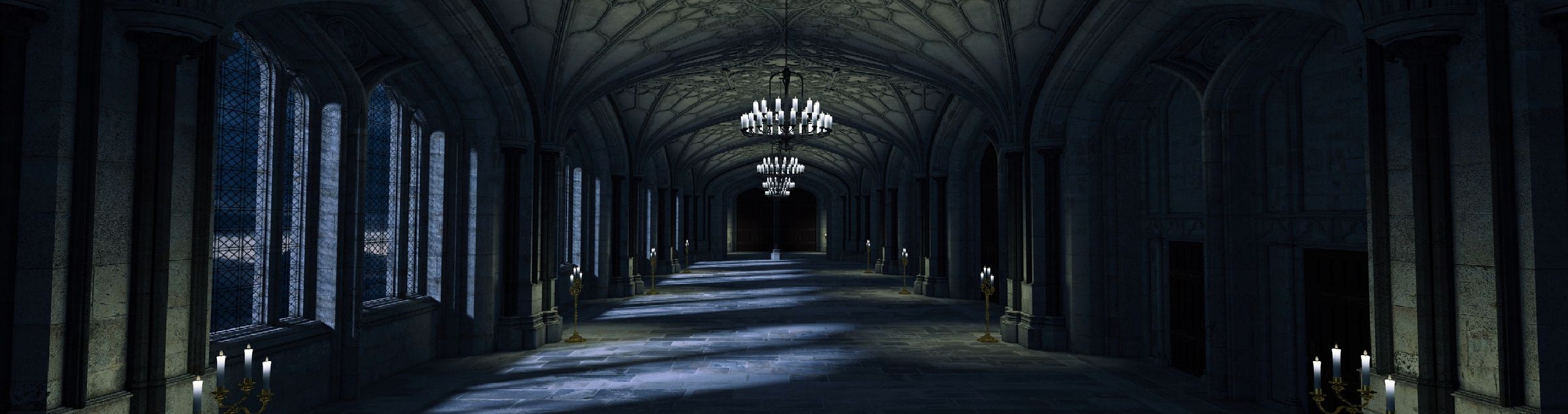 Ein mit Kronenleuchtern erleuchteter Flur eines Schlosses