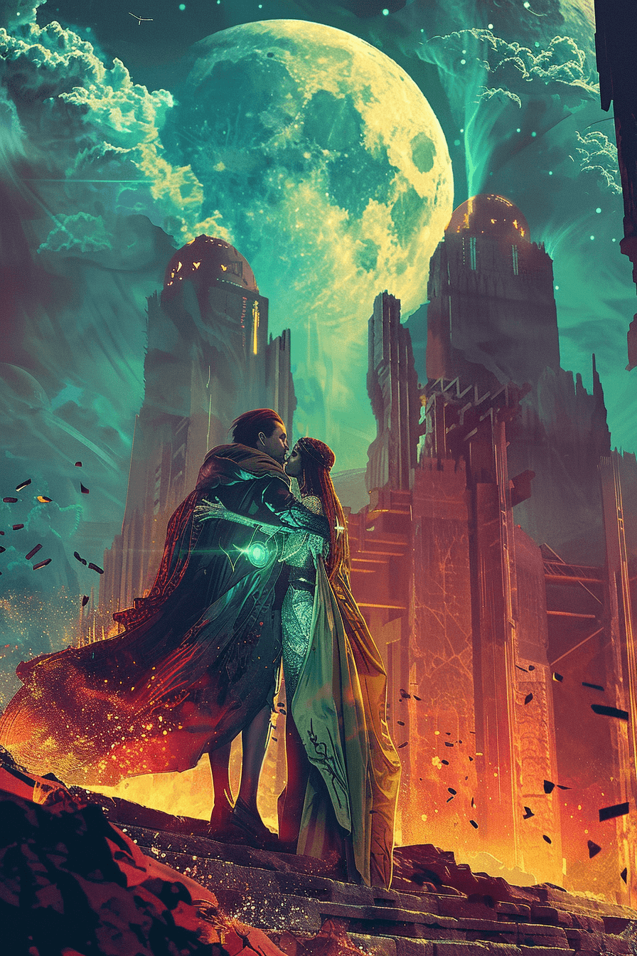 Ein paar steht vor einer futuristischen, halb-zerstörten Stadt voller Magie