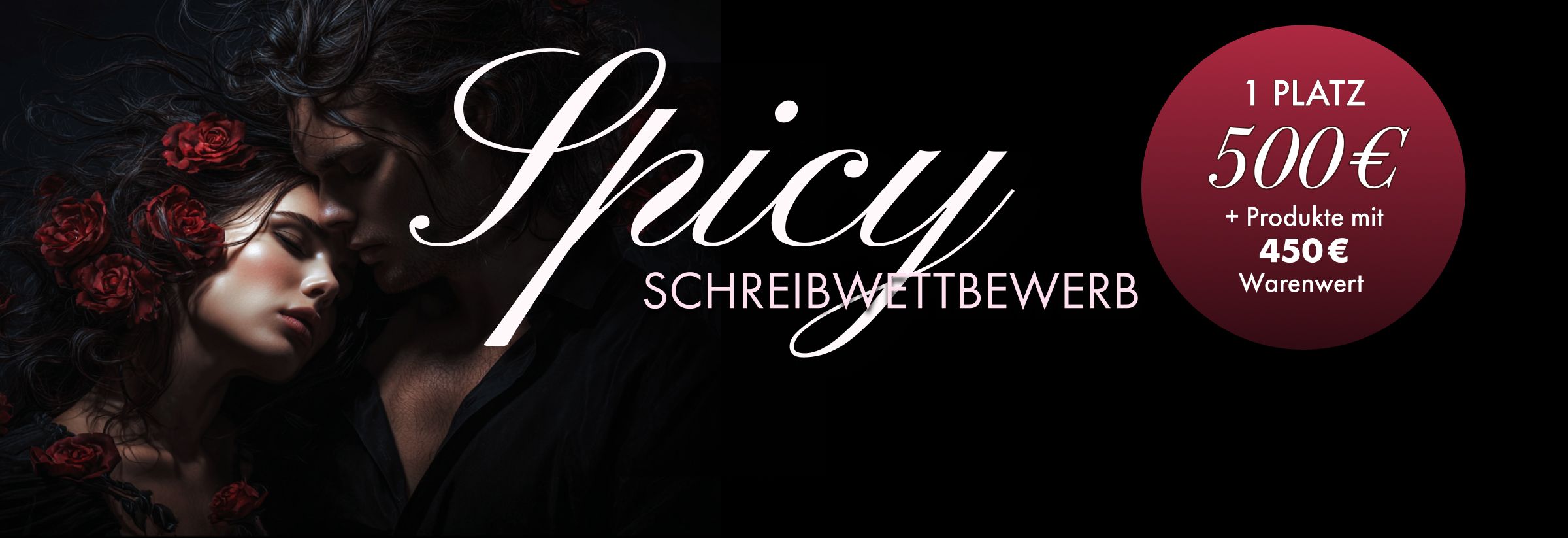 Links ist ein Pärchen im düsteren Stil zu sehen, in der Mitte steht die Headline "Spicy Schreibwettbewerb"