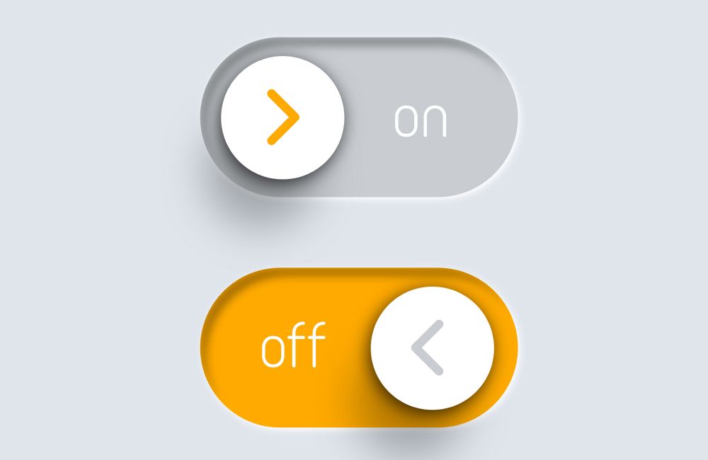 Das Bild zeigt zwei moderne, grafische Umschaltknöpfe mit den Bezeichnungen „on“ und „off“. 
