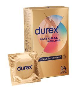 Durex "Natural Feeling" Kondome (14 Stück) in goldener Verpackung mit einem einzeln verpackten Kondom daneben.