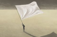 Eine gezeichnete Figur steht auf einem beigen Untergrund und schwenkt eine beige Flagge