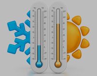 Links ist eine Schneeflocke und ein Thermometer mit niedriger Temperatur zu sehen, rechts eine Sonne und ein Thermometer mit hoher Temoeratur